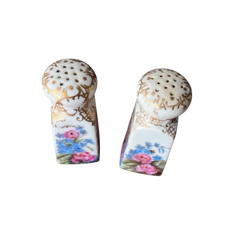 Antique Hand Painted Floral Gold Salt And Pepper Shakers